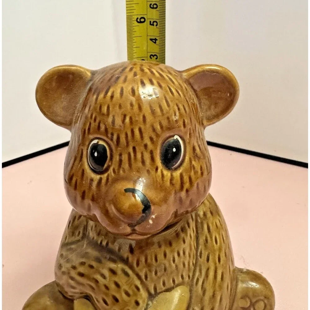 Vintage Ceramic Honey Bear Lidded Jar Brown Teddy Bear Holding Pot 5